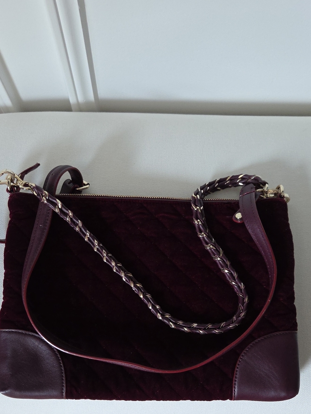 MZ Wallace Quilted Velvet Crossbody Bag in Burgundy with Gold Hardware - Picture 3 of 7